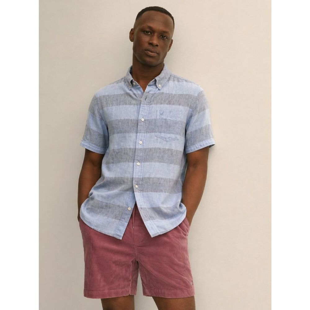 Nautica Men’s Linen Blend Button‑Down Shirt Size M Light Blue Striped Casual